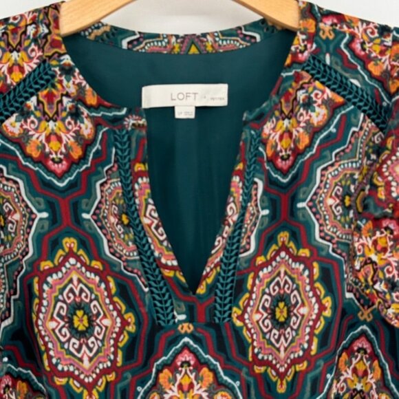 LOFT dress midi Womens Sz Large petite Boho medallion Patterned Belt Green long - Picture 6 of 12